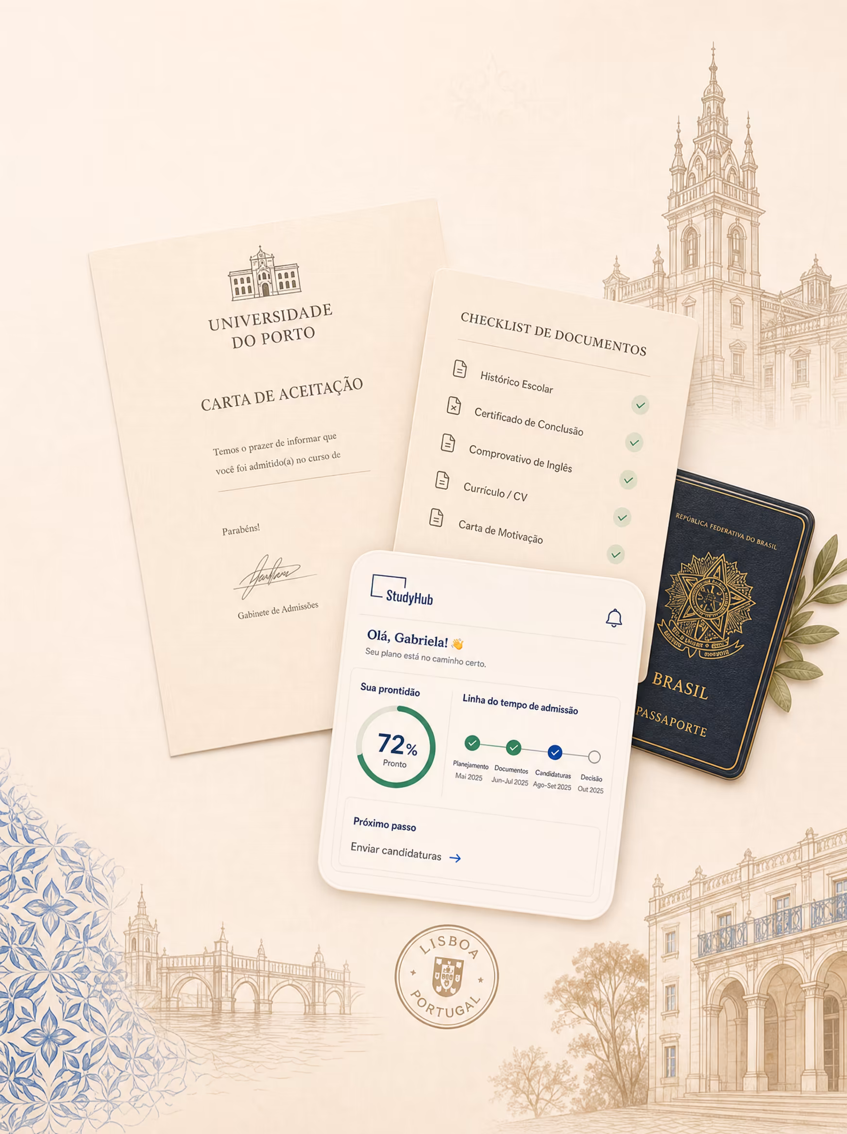 Cena editorial StudyHub com documentos de admissão, painel de progresso e elementos de Portugal